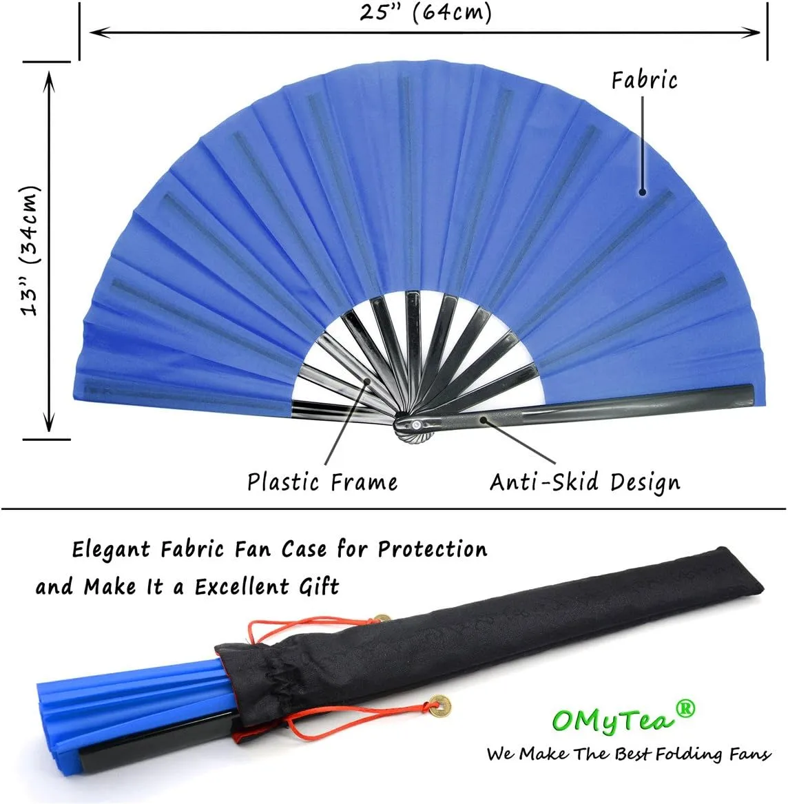 OMyTea Large Kitana Rave Clack Folding Hand Fan for Men/Women - Chinese Japanese Kung Fu Tai Chi Handheld Fan - for EDM, Music Festival, Event, Party, Dance, Performance, Decoration (Blue)