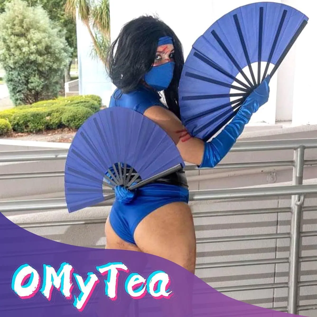 OMyTea Large Kitana Rave Clack Folding Hand Fan for Men/Women - Chinese Japanese Kung Fu Tai Chi Handheld Fan - for EDM, Music Festival, Event, Party, Dance, Performance, Decoration (Blue)