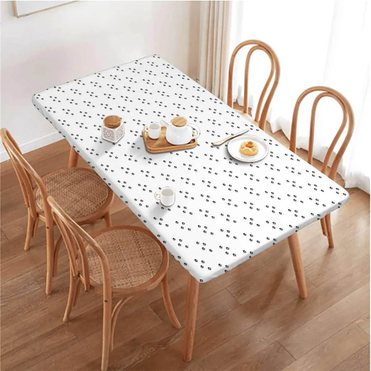 OOzie Black Grey White Rectangular Table Covers, Animal Foot Prints Traces Elastic Tablecloth for Rectangle Table for Outdoor Picnics Dining Holiday Animal Fits up 5 Foot Tables