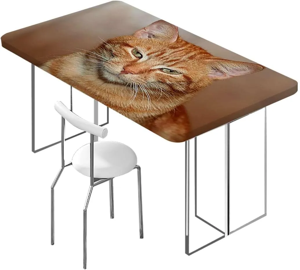 OOzie Caramel White Tablecloth for Folding Table Feline Child Artwork Print Waterproof Spill-Easy to Wipe, Great for Picnic Party Outdoor Patio Animal Fits up 5 Foot Tables