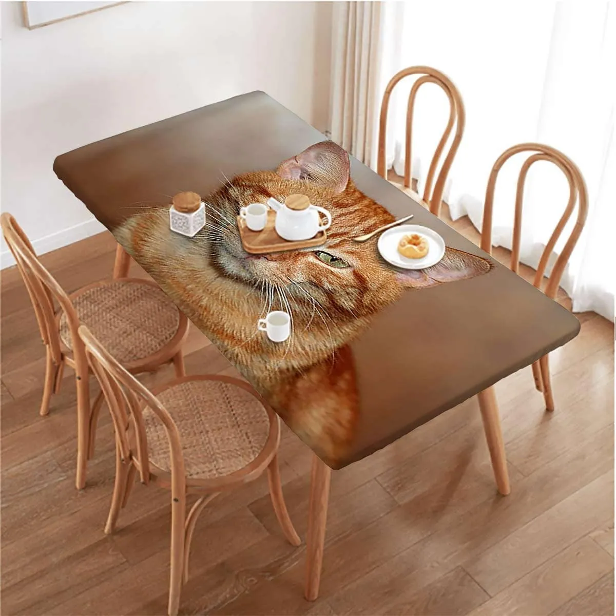 OOzie Caramel White Tablecloth for Folding Table Feline Child Artwork Print Waterproof Spill-Easy to Wipe, Great for Picnic Party Outdoor Patio Animal Fits up 5 Foot Tables