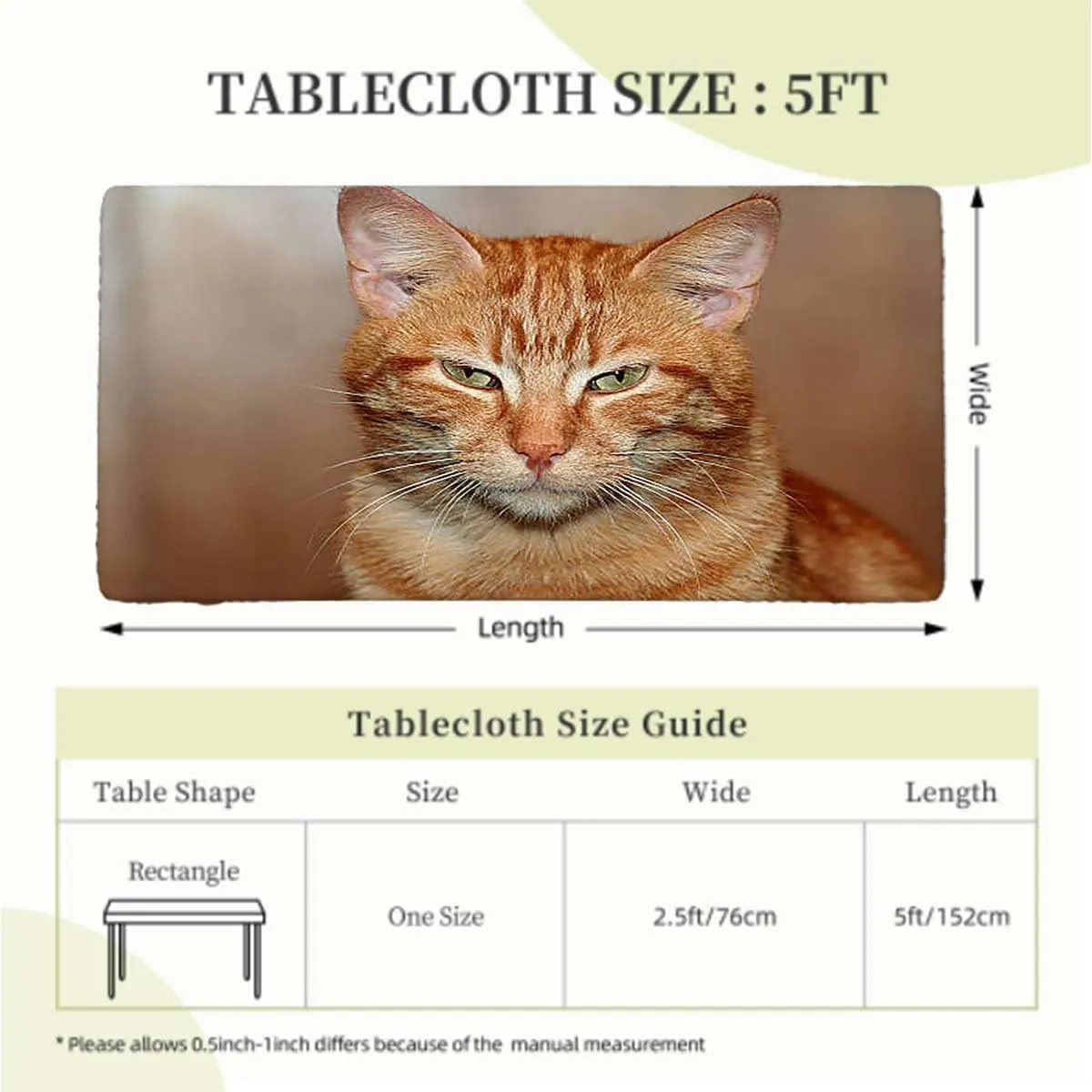 OOzie Caramel White Tablecloth for Folding Table Feline Child Artwork Print Waterproof Spill-Easy to Wipe, Great for Picnic Party Outdoor Patio Animal Fits up 5 Foot Tables