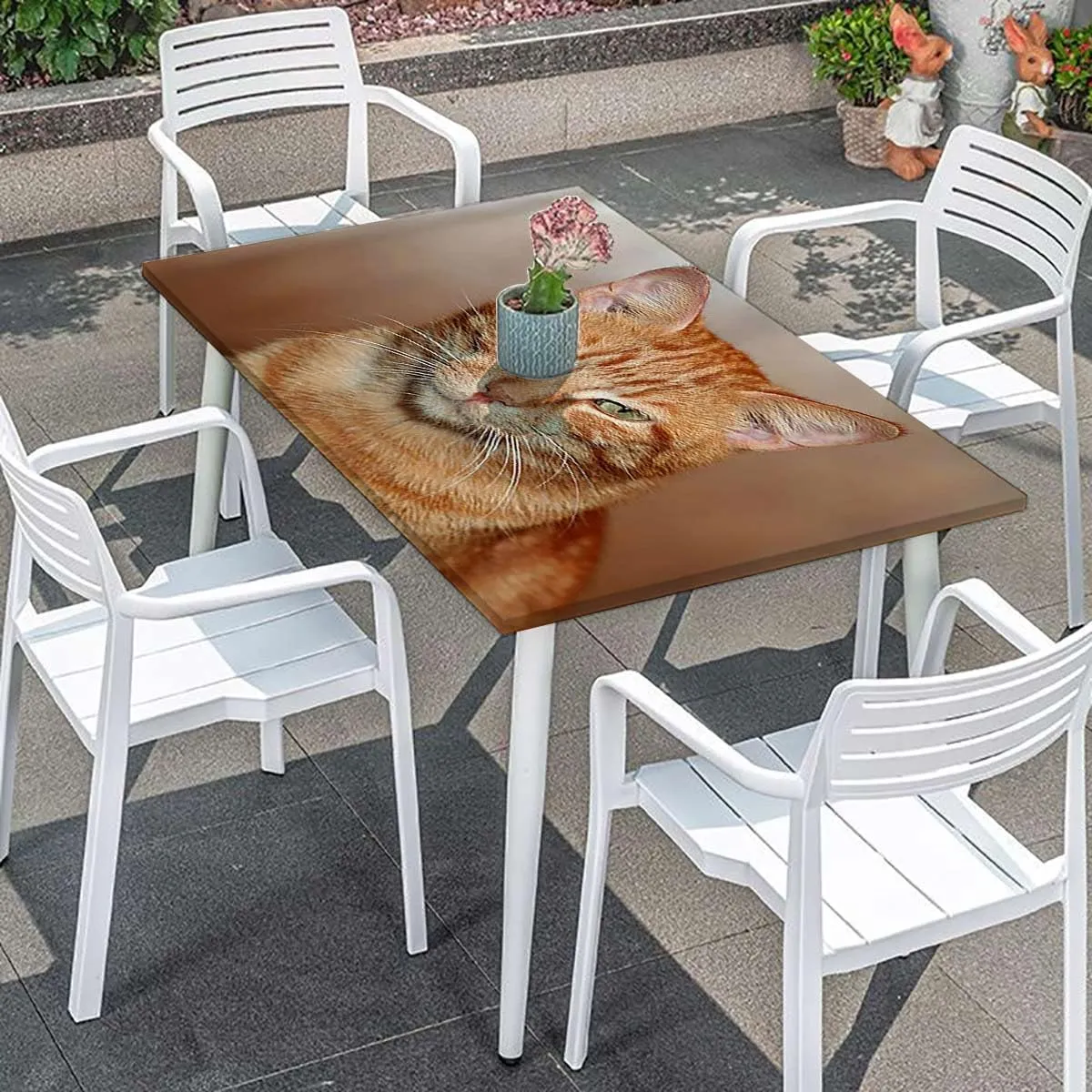 OOzie Caramel White Tablecloth for Folding Table Feline Child Artwork Print Waterproof Spill-Easy to Wipe, Great for Picnic Party Outdoor Patio Animal Fits up 5 Foot Tables