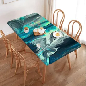 OOzie Green Multicolor Fitted Tablecloth Wavy Marble Pattern Protector with Elastic for Rectangle Picnic Tables, Washable Apartment Decor Fits up 4 Foot Tables