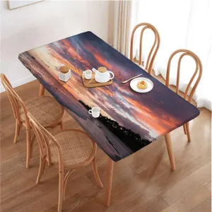 Orange Mauve Blue Fitted Table Cover for Square Tables Sunrise Cloudy Sky at Seashore Wooden Boards Oil Proof Waterproof Tablecloth for Picnic Party Colorful Fits up 4 Foot Tables