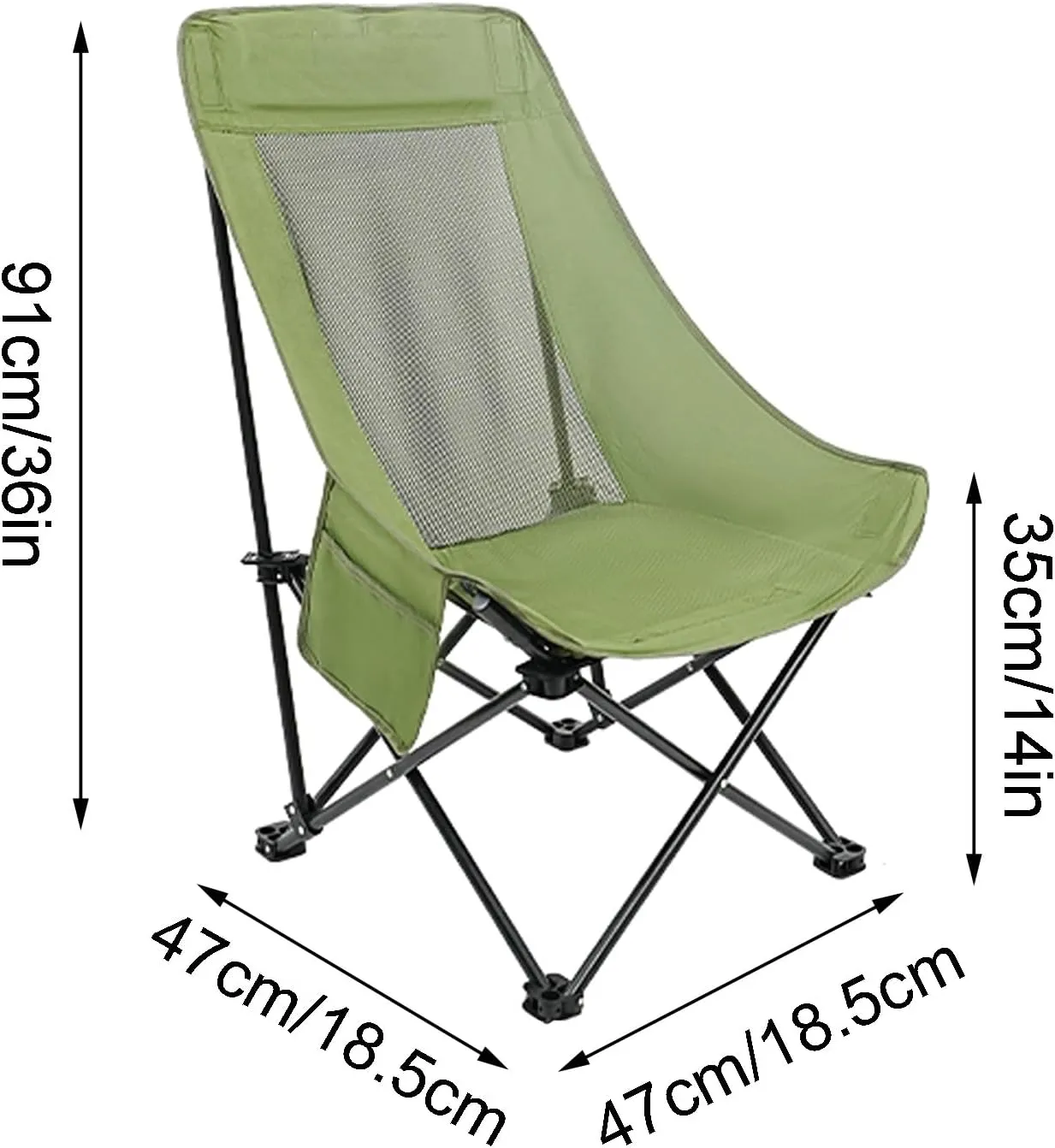 Outdoor Beach Folding Chair, Portable Breathable Mesh High-Back Camping Chair, Three-Speed Adjustable, with Storage Bag, Suitable for Camping, Picnics, Fishing(Green,Medium)