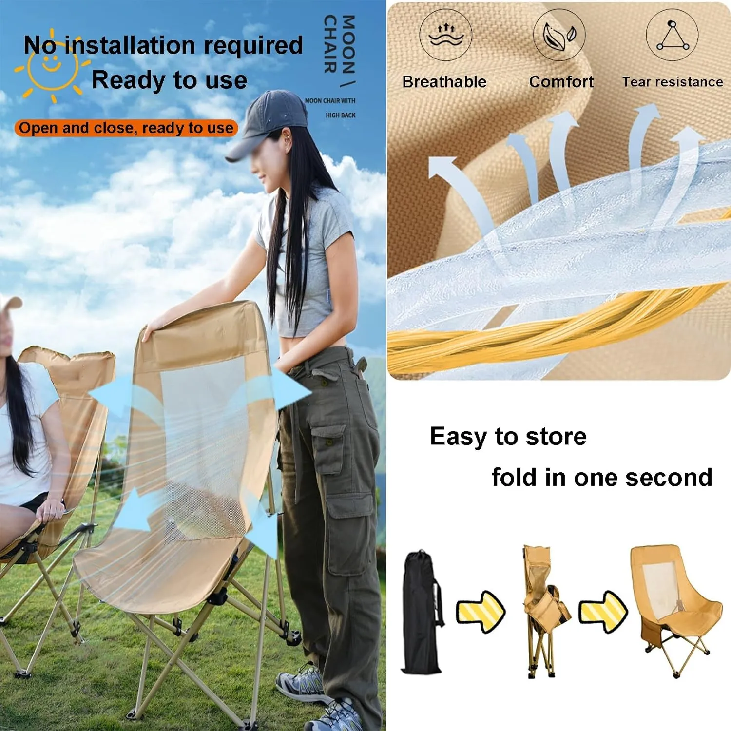 Outdoor Beach Folding Chair, Portable Breathable Mesh High-Back Camping Chair, Three-Speed Adjustable, with Storage Bag, Suitable for Camping, Picnics, Fishing(Green,Medium)