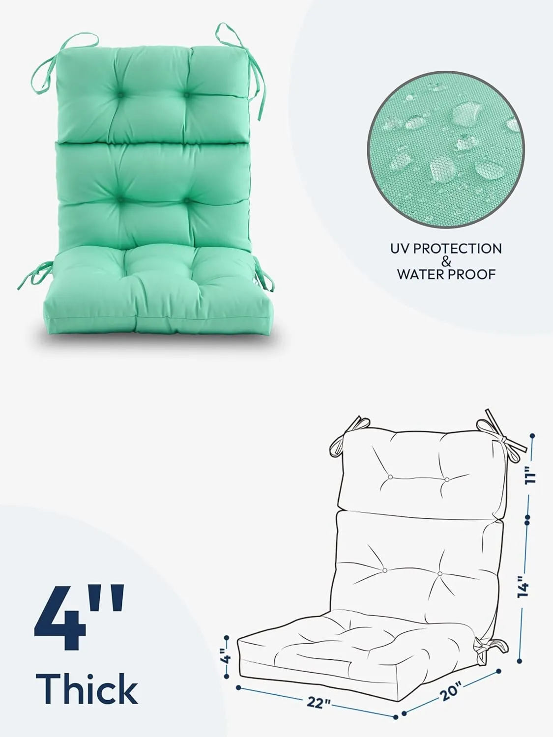 Outdoor High Back Chair Cushion,Water Resistant Tufted Adirondack Rocking Chair Cushion with Ties,Replacement Seat Cushion for Patio Furniture,Aqua Blue