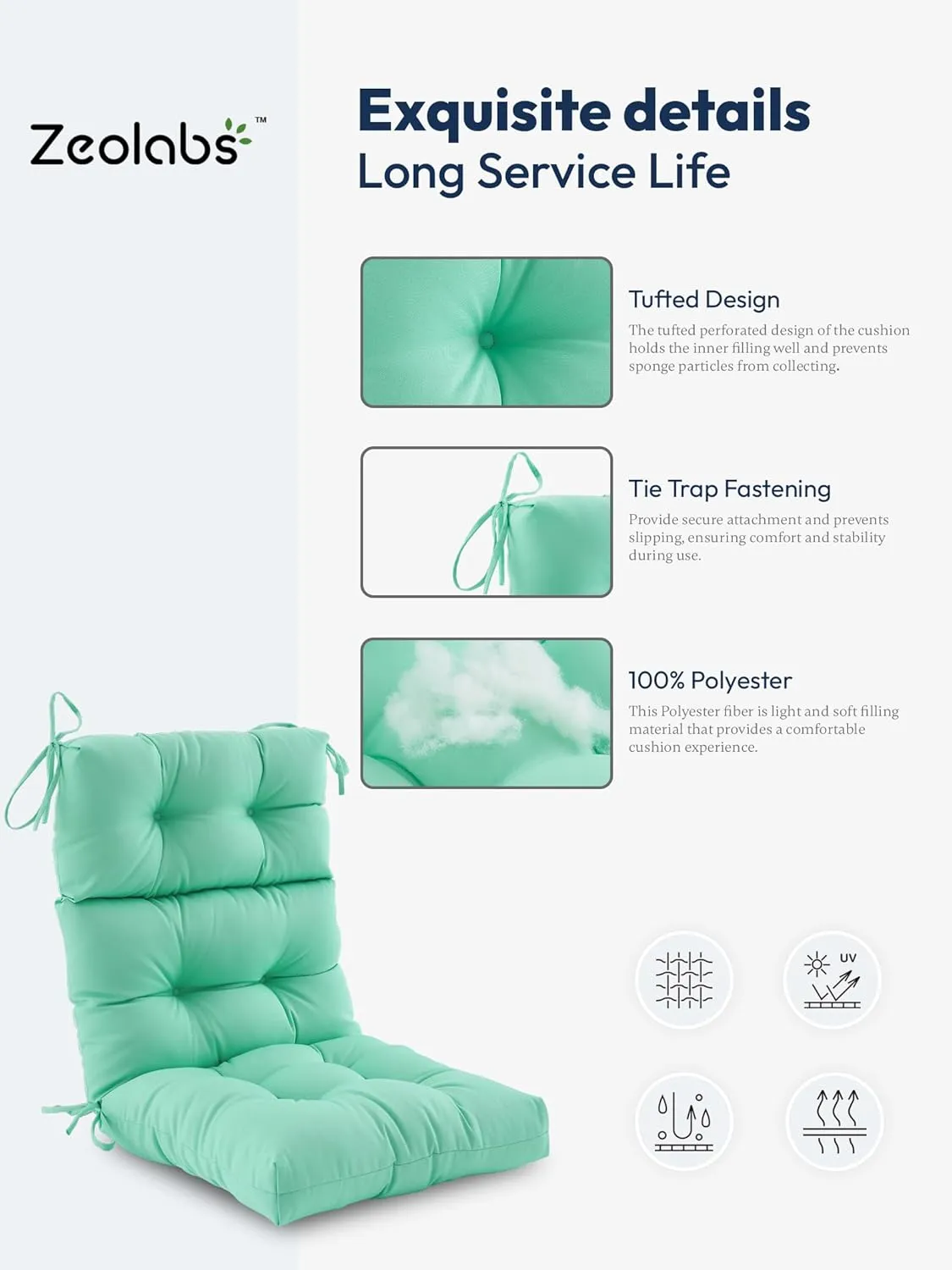Outdoor High Back Chair Cushion,Water Resistant Tufted Adirondack Rocking Chair Cushion with Ties,Replacement Seat Cushion for Patio Furniture,Aqua Blue