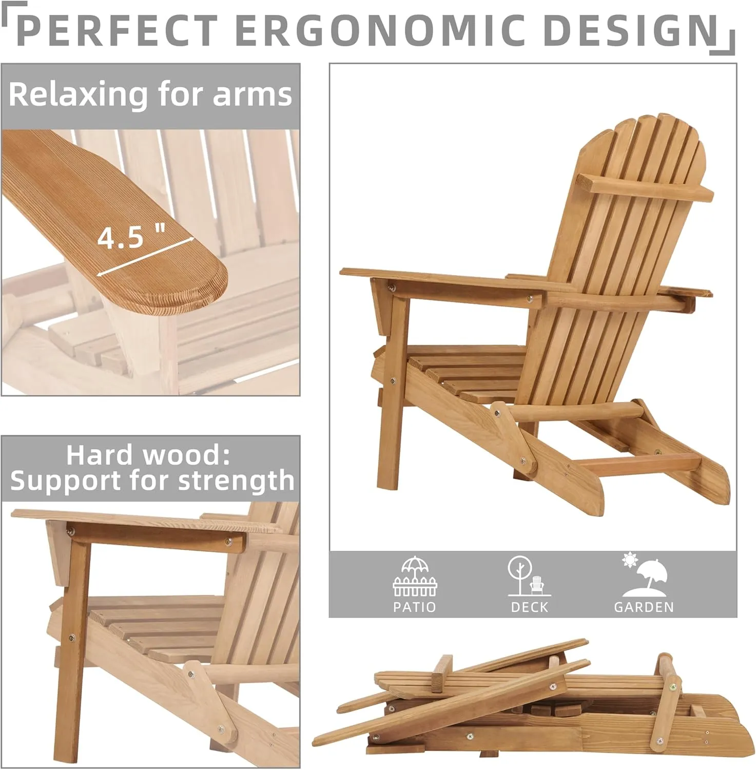 Outdoor Wooden Folding Adirondack Chair with Pre-Assembled BackRest, Accent Furniture for Patio Backyard Garden Porch Deck Pool Firepit