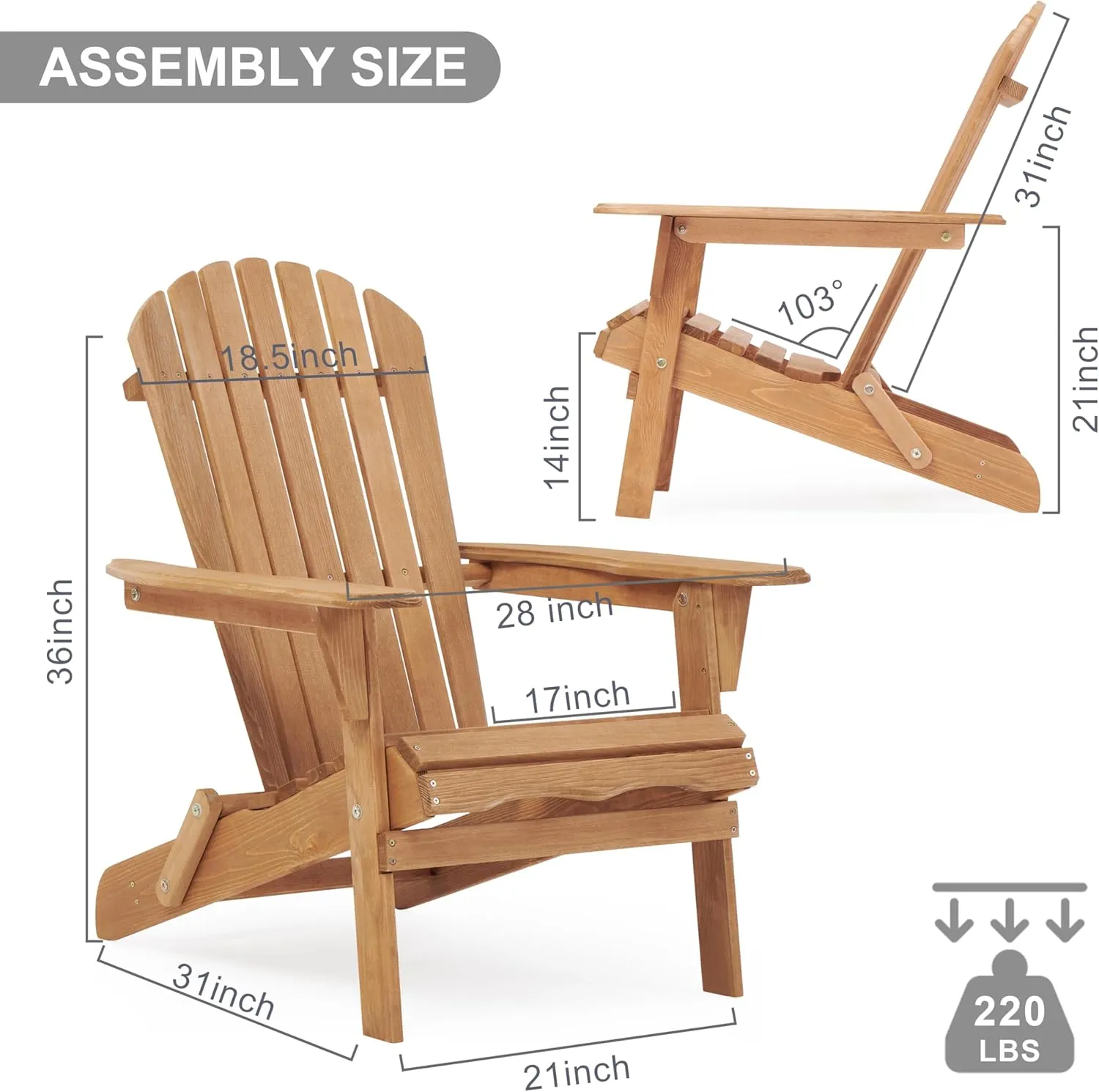 Outdoor Wooden Folding Adirondack Chair with Pre-Assembled BackRest, Accent Furniture for Patio Backyard Garden Porch Deck Pool Firepit