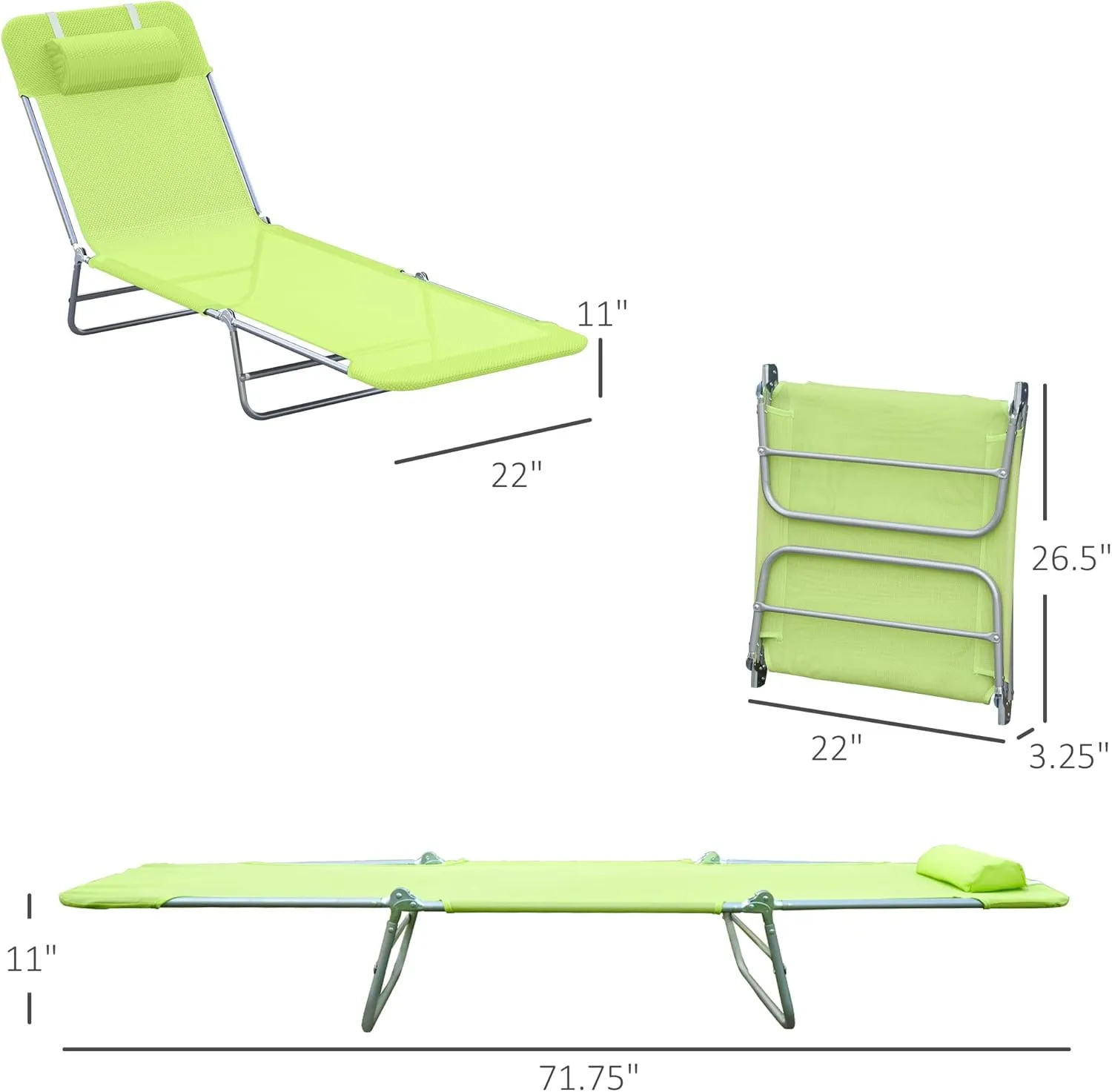 Outsunny Folding Chaise Lounge Pool Chairs, Outdoor Sun Tanning Chairs with Pillow, Reclining Back, Steel Frame & Breathable Mesh for Beach, Yard, Patio, Green
