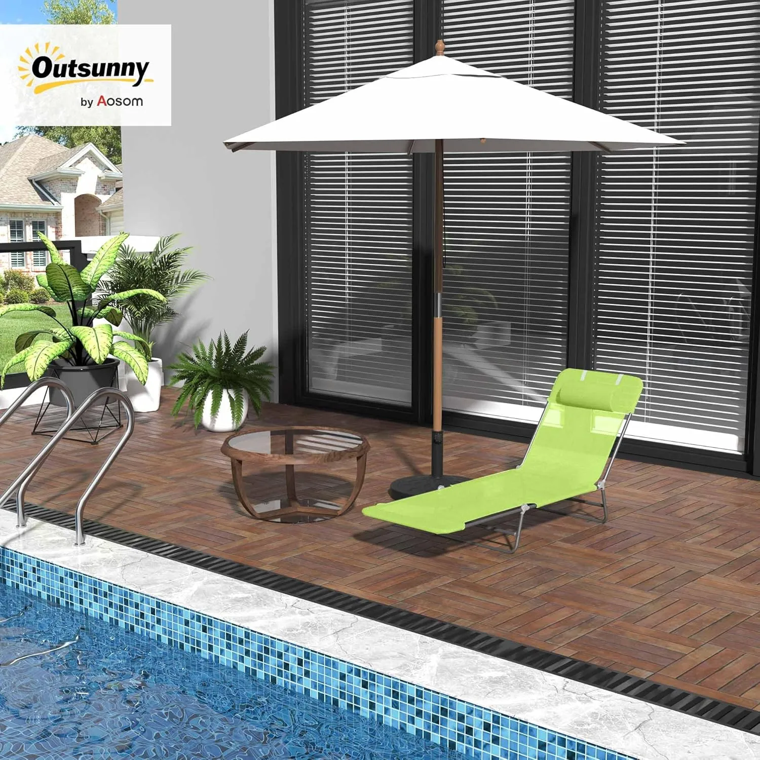 Outsunny Folding Chaise Lounge Pool Chairs, Outdoor Sun Tanning Chairs with Pillow, Reclining Back, Steel Frame & Breathable Mesh for Beach, Yard, Patio, Green