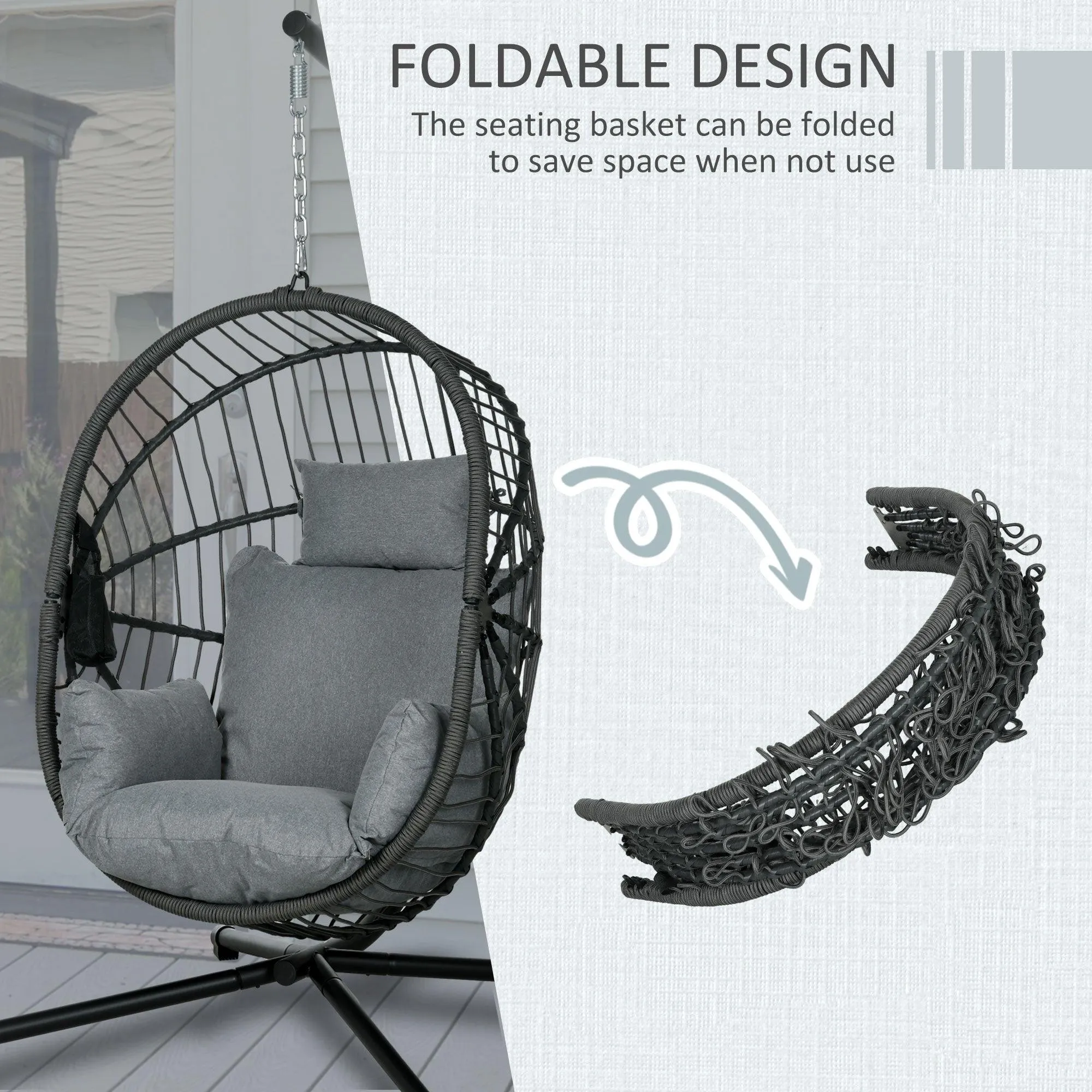 Outsunny Hanging Swing Chair w/ Thick Cushion, Patio Hanging Chair, Grey