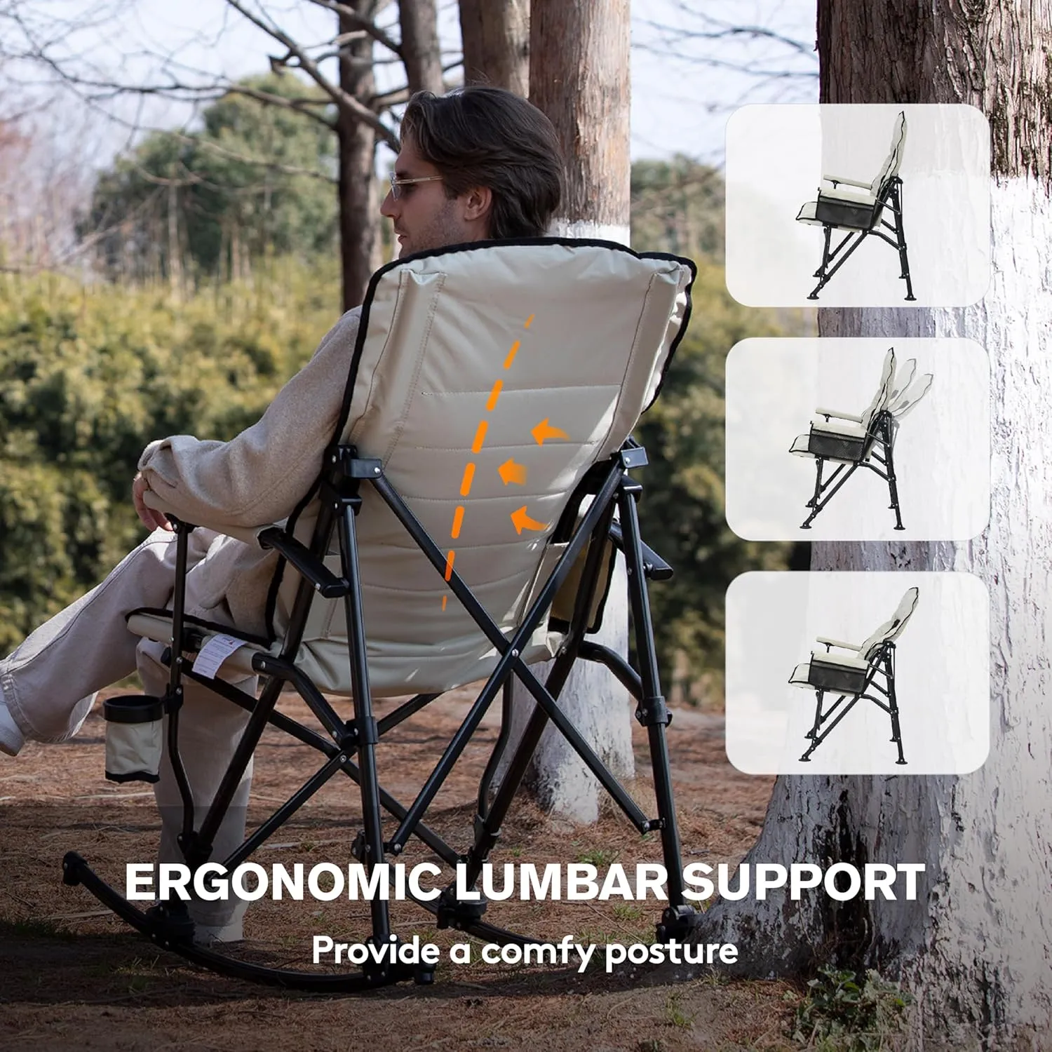Oversized Folding Rocking Camping Chair for Adults, Adjustable Padded Backrest Rocker Chair with Hard Armrests, Portable Outdoor Chairs for Patio, Lawn and Garden(Supports 350lbs), Beige
