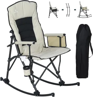Oversized Folding Rocking Camping Chair for Adults, Adjustable Padded Backrest Rocker Chair with Hard Armrests, Portable Outdoor Chairs for Patio, Lawn and Garden(Supports 350lbs), Beige