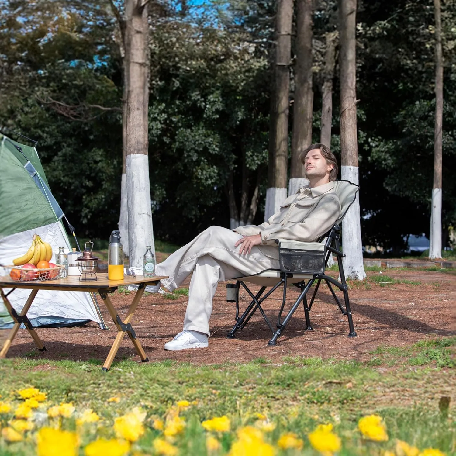 Oversized Folding Rocking Camping Chair for Adults, Adjustable Padded Backrest Rocker Chair with Hard Armrests, Portable Outdoor Chairs for Patio, Lawn and Garden(Supports 350lbs), Beige