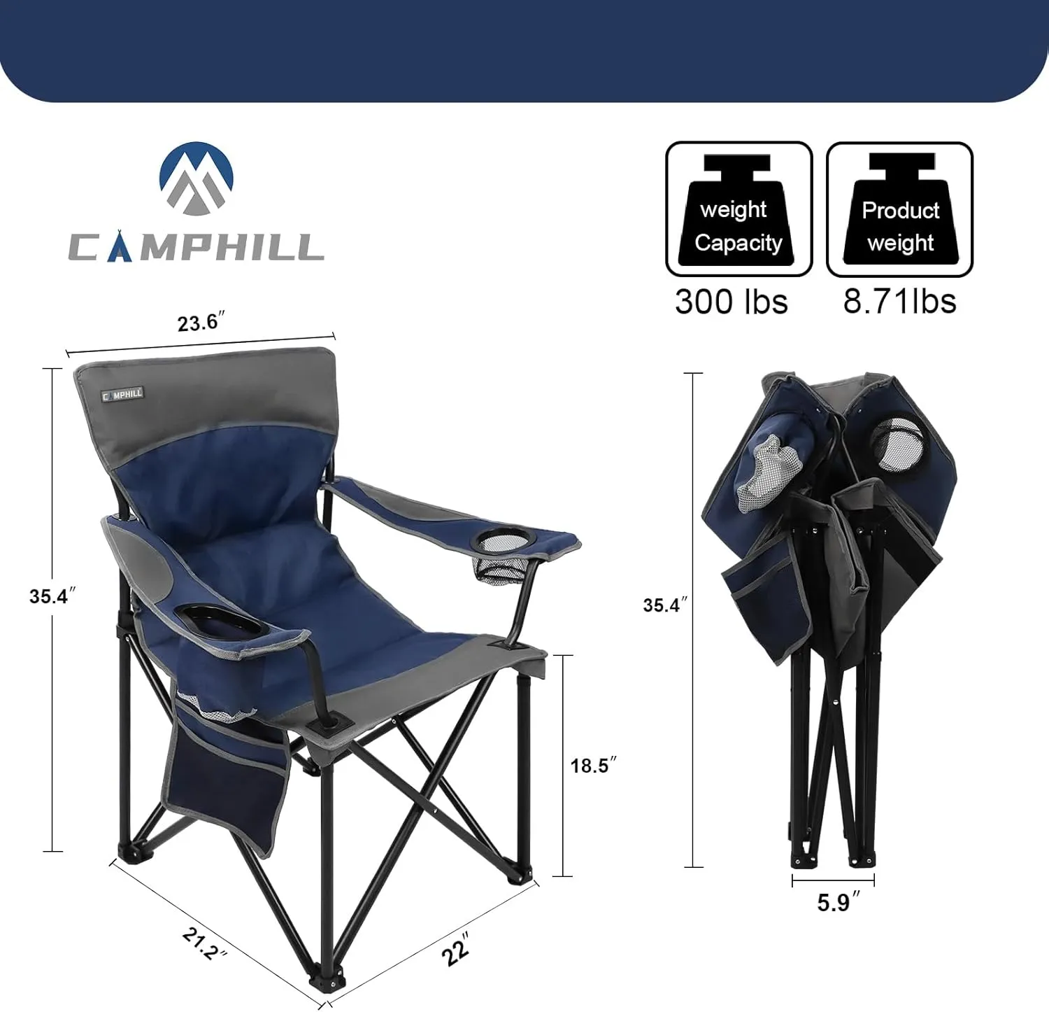 Oversized Portable Camping Chairs, Collapsible Outdoor Chairs with Pocket and Cup Holders, Carry Bag for Camping,Tailgates,Beach,and Sports