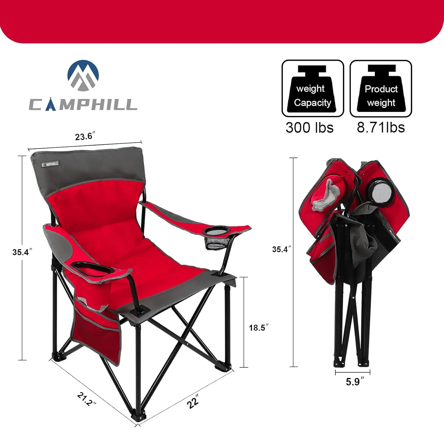Oversized Portable Camping Chairs, Collapsible Outdoor Chairs with Pocket and Cup Holders, Carry Bag for Camping,Tailgates,Beach,and Sports