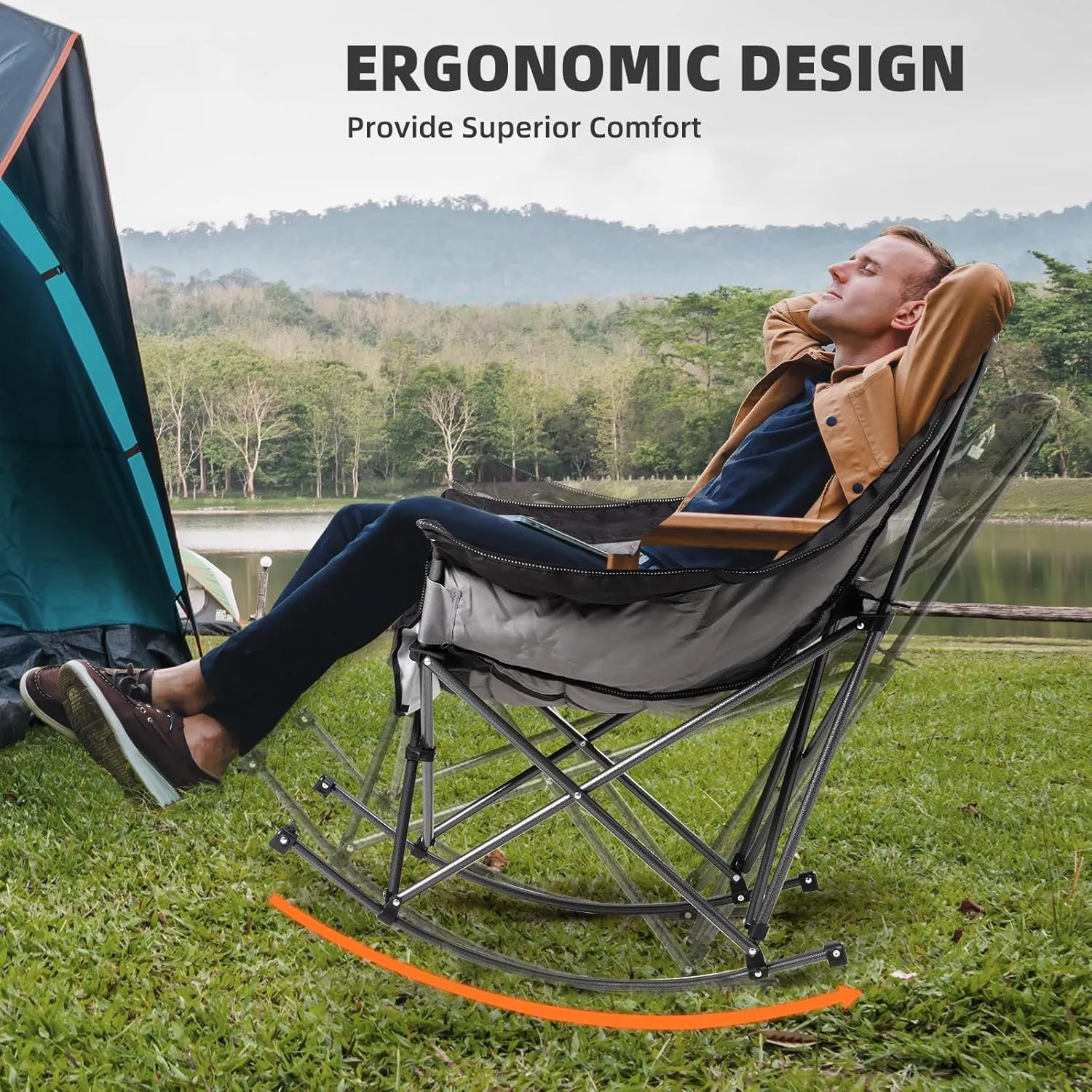 Oversized Rocking Camping Chair for Adults - 400lbs Capacity Padded Camp Chair with Cup Holder, Portable Foldable Outdoor Rocker Chair for Camping, Backyard, Patio (Black & Gray)