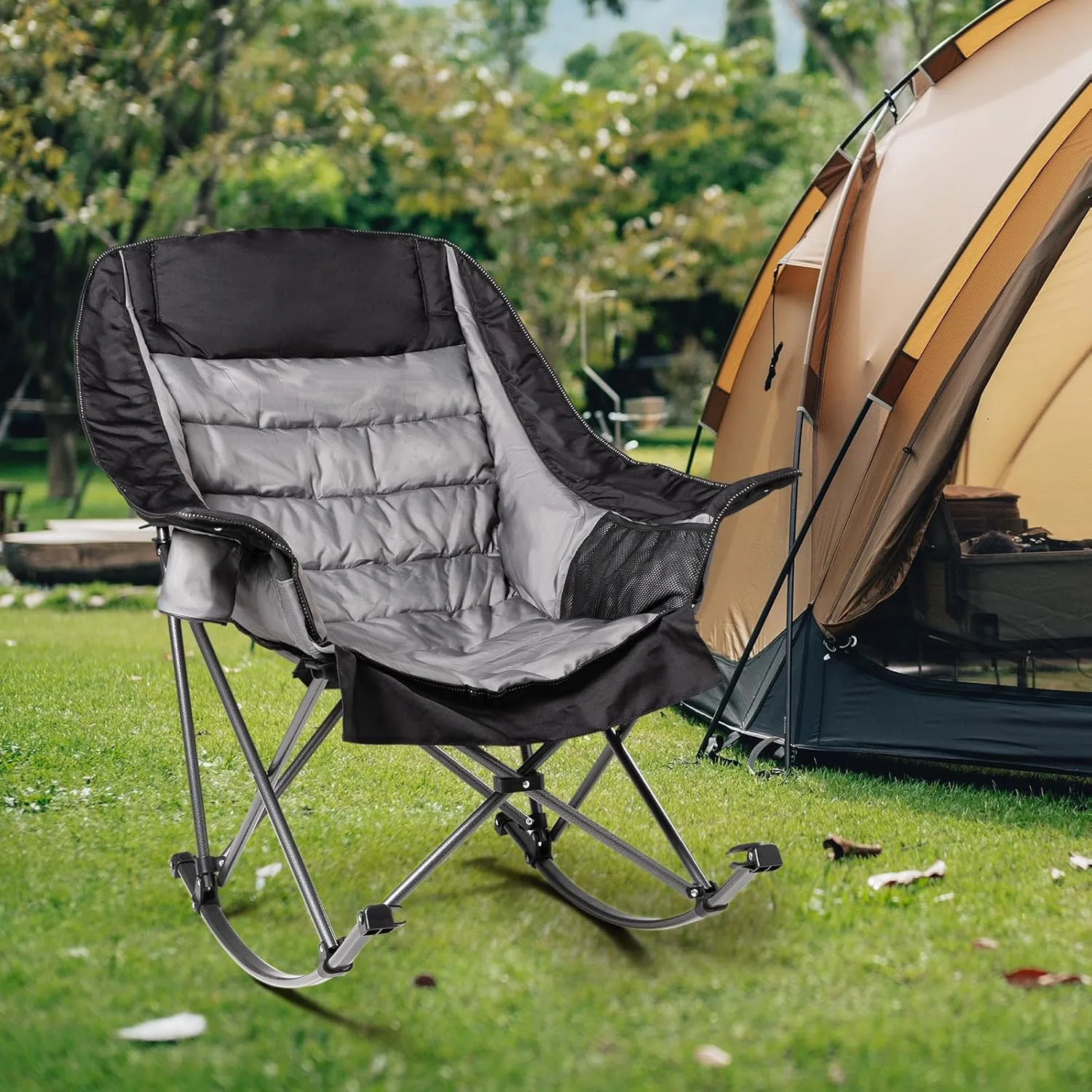 Oversized Rocking Camping Chair for Adults - 400lbs Capacity Padded Camp Chair with Cup Holder, Portable Foldable Outdoor Rocker Chair for Camping, Backyard, Patio (Black & Gray)