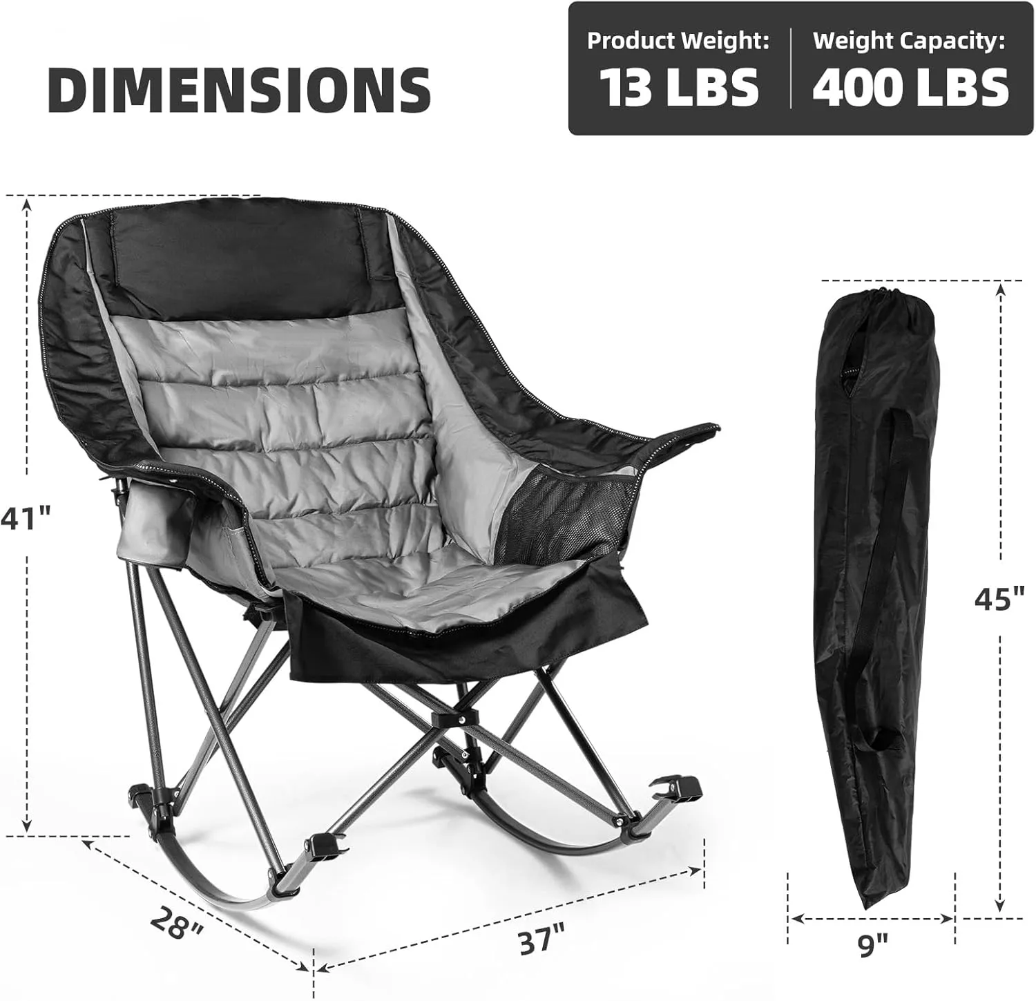 Oversized Rocking Camping Chair for Adults - 400lbs Capacity Padded Camp Chair with Cup Holder, Portable Foldable Outdoor Rocker Chair for Camping, Backyard, Patio (Black & Gray)