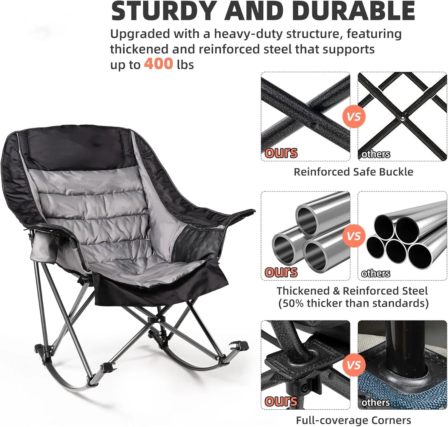 Oversized Rocking Camping Chair for Adults - 400lbs Capacity Padded Camp Chair with Cup Holder, Portable Foldable Outdoor Rocker Chair for Camping, Backyard, Patio (Black & Gray)