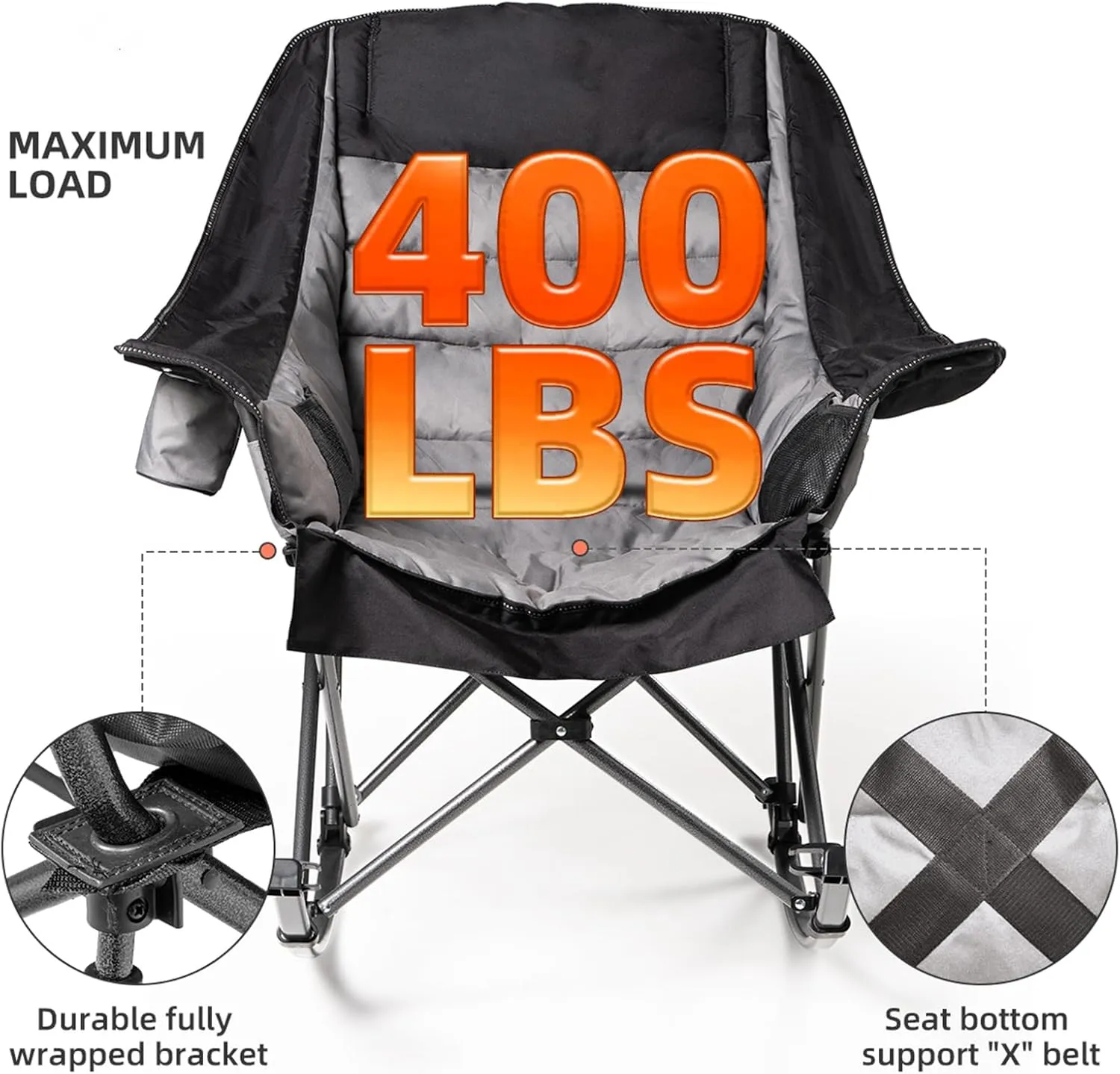 Oversized Rocking Camping Chair for Adults - 400lbs Capacity Padded Camp Chair with Cup Holder, Portable Foldable Outdoor Rocker Chair for Camping, Backyard, Patio (Black & Gray)