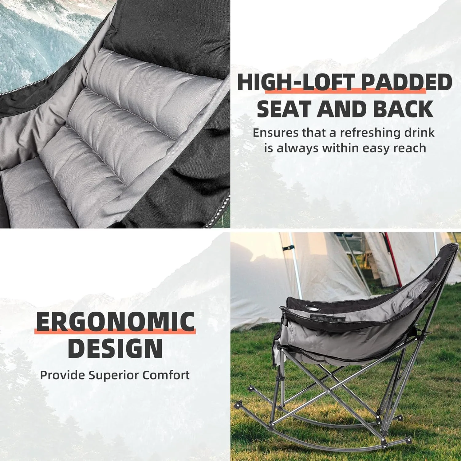 Oversized Rocking Camping Chair for Adults - 400lbs Capacity Padded Camp Chair with Cup Holder, Portable Foldable Outdoor Rocker Chair for Camping, Backyard, Patio (Black & Gray)