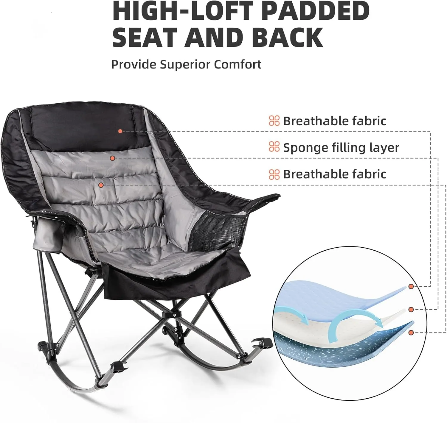 Oversized Rocking Camping Chair for Adults - 400lbs Capacity Padded Camp Chair with Cup Holder, Portable Foldable Outdoor Rocker Chair for Camping, Backyard, Patio (Black & Gray)
