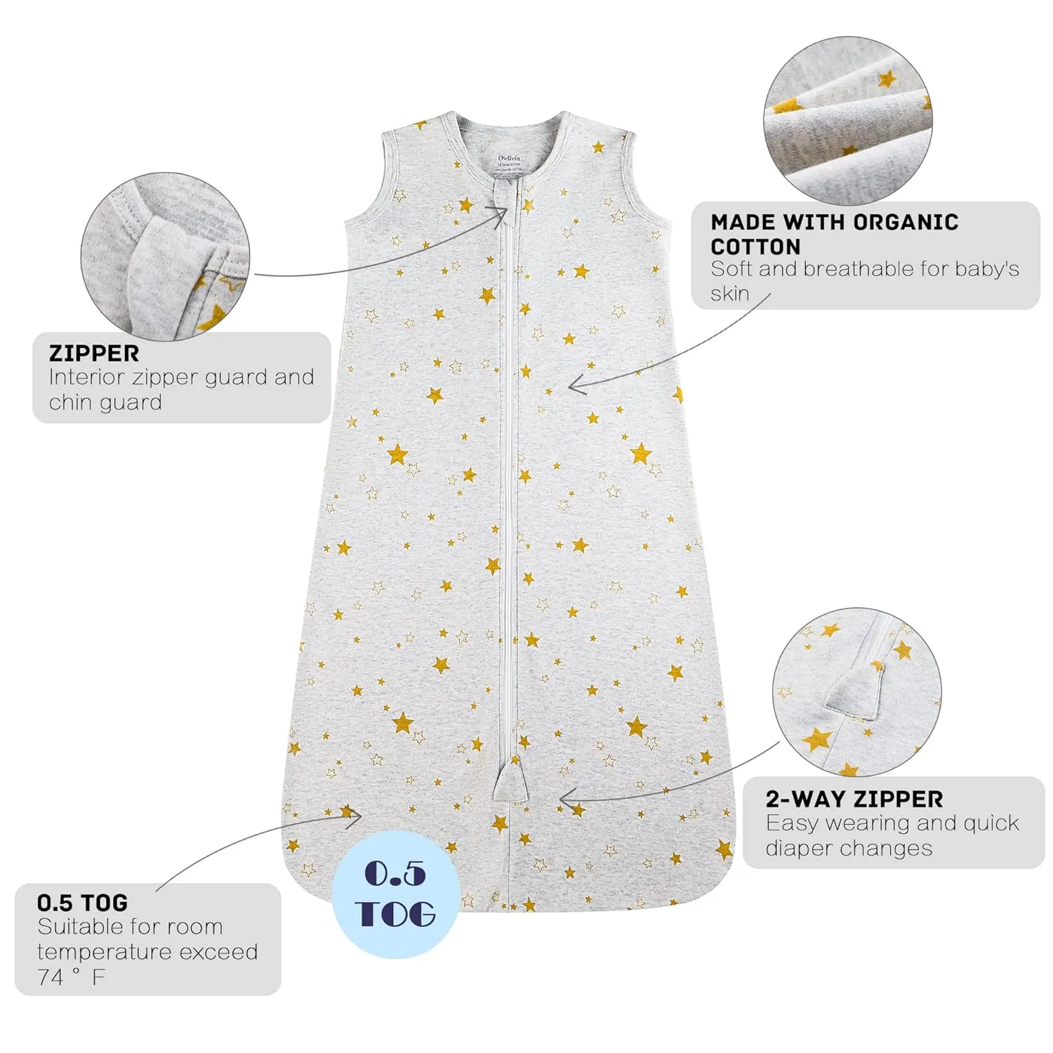 Owlivia Baby Organic Cotton 0.5tog Wearable Blanket - Light Sleeping Bag with 2-Way Zipper, Boys Girls Swaddle Transition Sleep Sack(0.5tog Golden Star, 12-18 Months)
