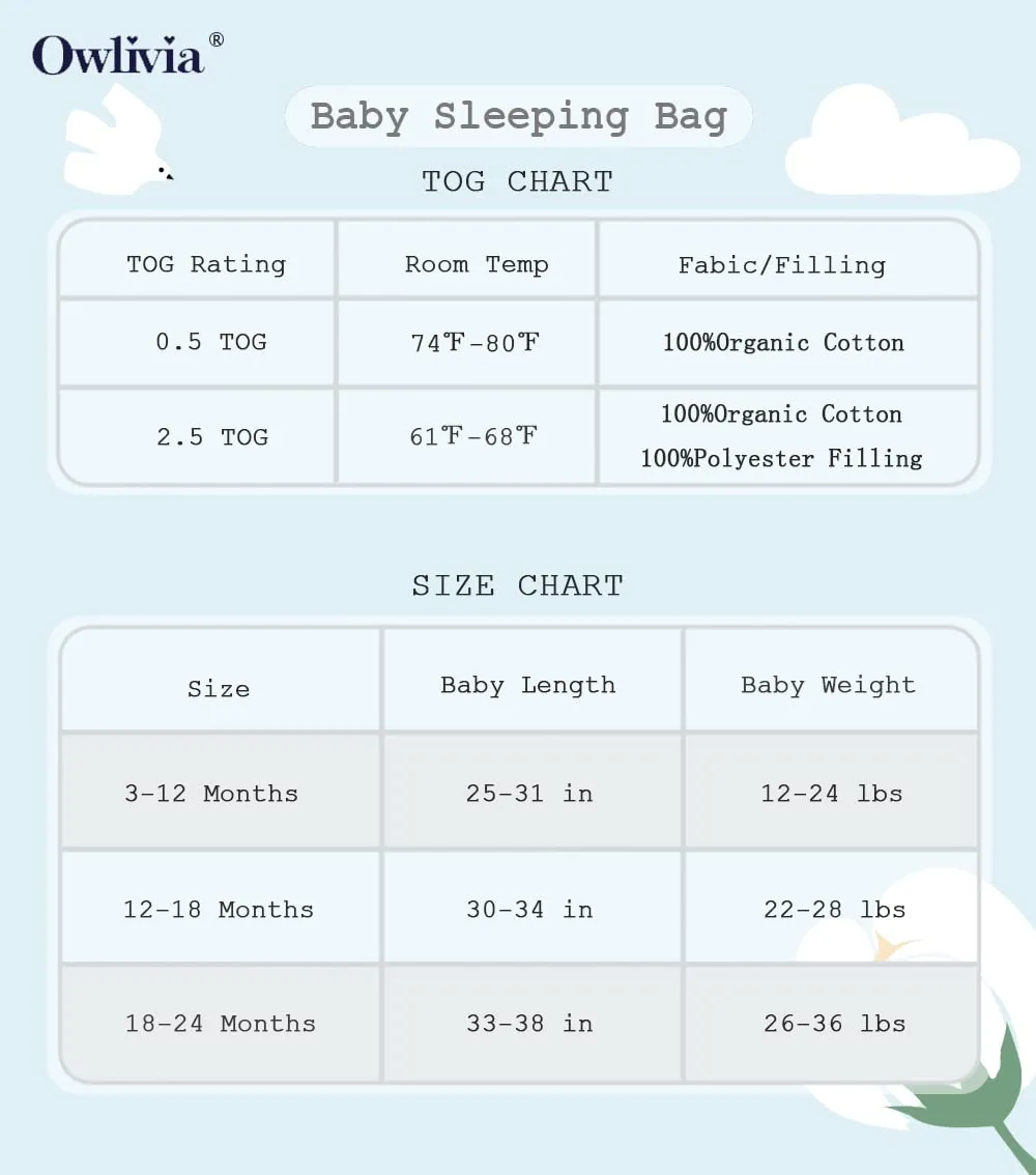 Owlivia Baby Sleep Sack Organic Cotton Sleeping Bag with- 2.5tog Sleeping Bag with 2-Way Zipper, Boys Girls Swaddle Sleep Sack (2.5tog Cotton Printing, 18-24 Months)