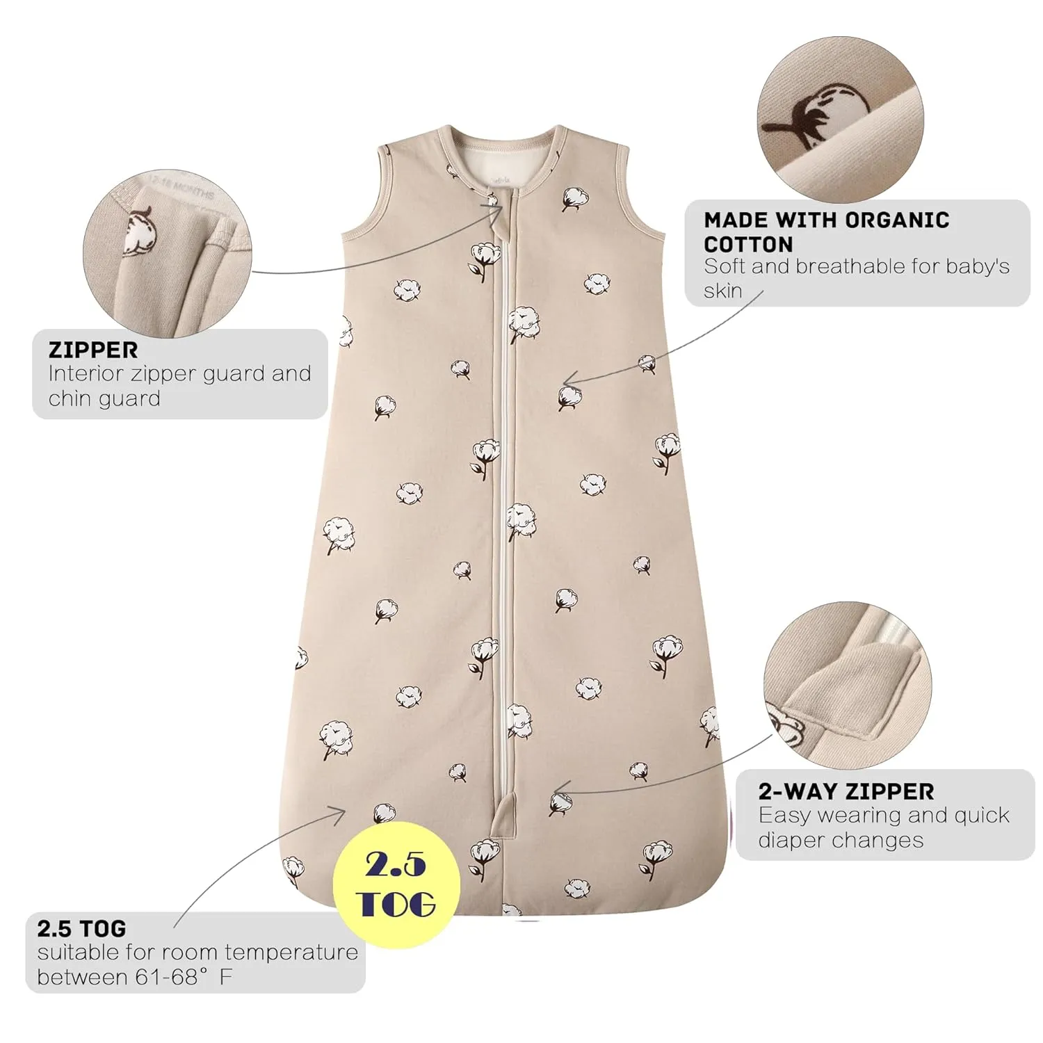 Owlivia Baby Sleep Sack Organic Cotton Sleeping Bag with- 2.5tog Sleeping Bag with 2-Way Zipper, Boys Girls Swaddle Sleep Sack (2.5tog Cotton Printing, 3-12 Months)
