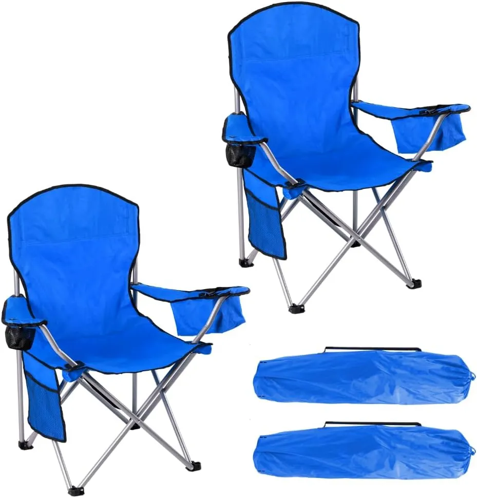 Pack of 2 Portable Lawn Chairs, with Built-in Can Cooler, Storage Pocket, Carry Bag, and Cup Holder, Includes Carry Bag – Blue [2-Pack]