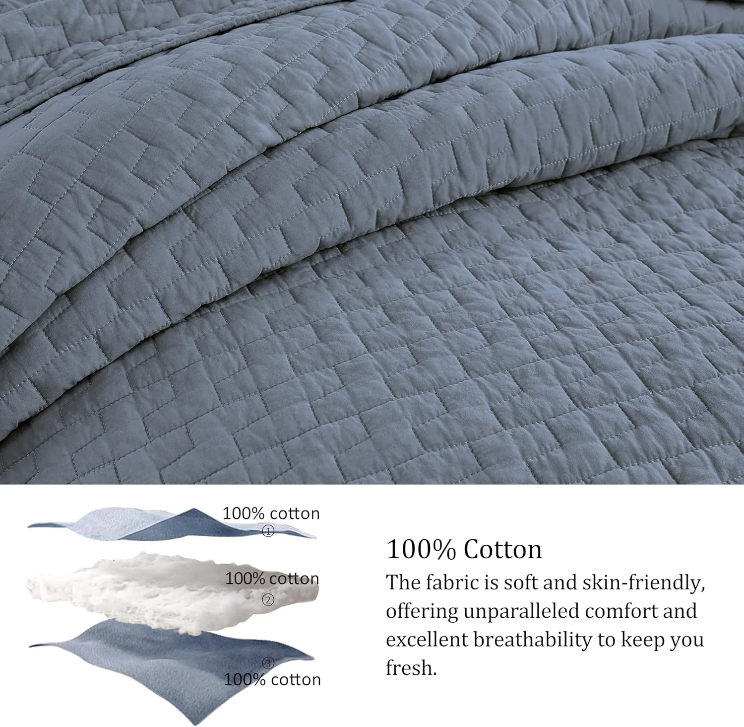 palassio Blue Grey 100% Cotton Quilt Queen Size Bedding Sets with 2 Pillow Shams, Textured Lightweight Soft Bedspread Shabby Chic Coverlet, Quilted Comforter Bed Cover for All Season, 3 Pieces