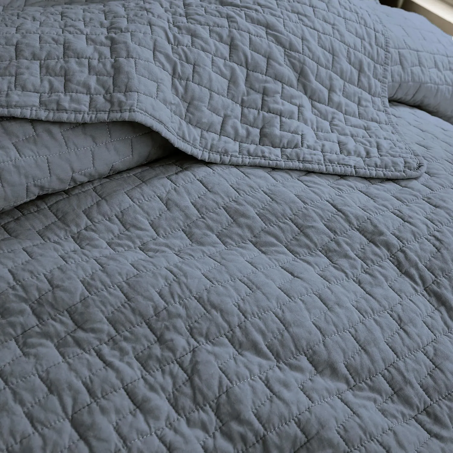 palassio Blue Grey 100% Cotton Quilt Queen Size Bedding Sets with 2 Pillow Shams, Textured Lightweight Soft Bedspread Shabby Chic Coverlet, Quilted Comforter Bed Cover for All Season, 3 Pieces