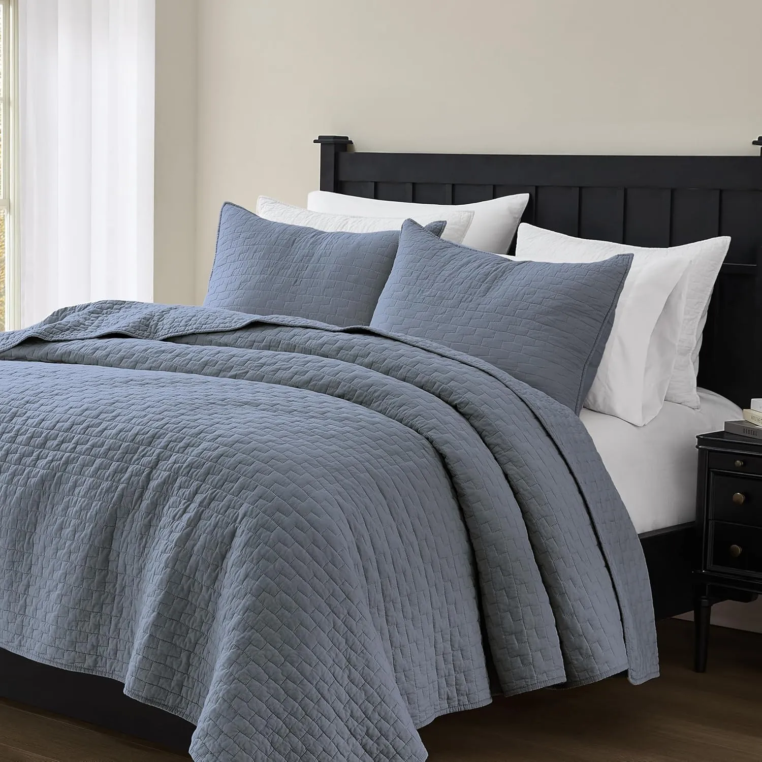 palassio Blue Grey 100% Cotton Quilt Queen Size Bedding Sets with 2 Pillow Shams, Textured Lightweight Soft Bedspread Shabby Chic Coverlet, Quilted Comforter Bed Cover for All Season, 3 Pieces