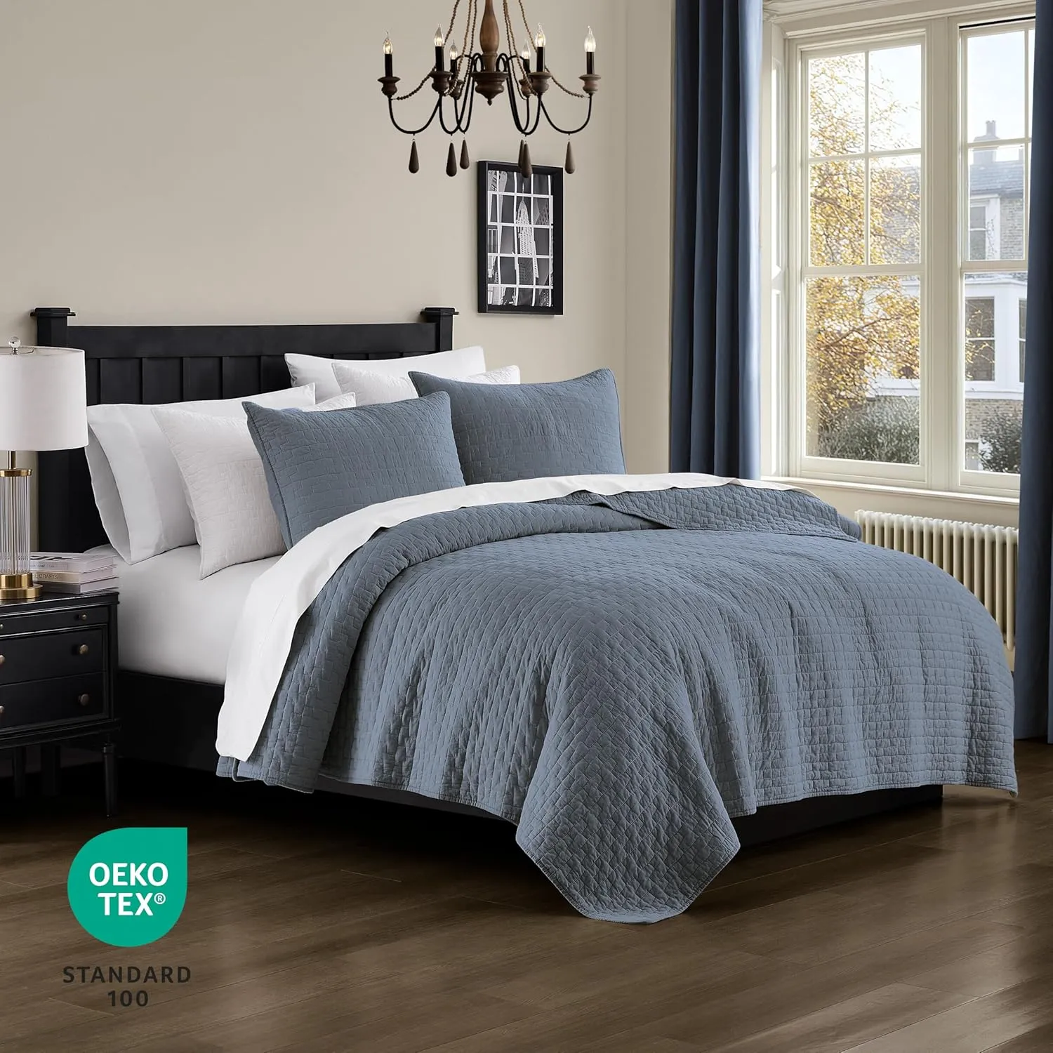 palassio Blue Grey 100% Cotton Quilt Queen Size Bedding Sets with 2 Pillow Shams, Textured Lightweight Soft Bedspread Shabby Chic Coverlet, Quilted Comforter Bed Cover for All Season, 3 Pieces