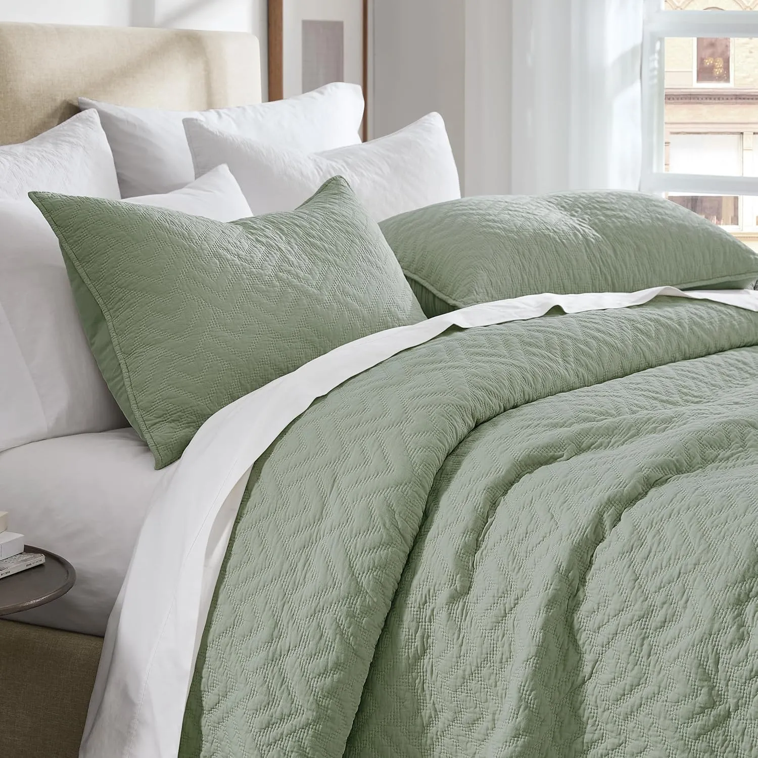 palassio Sage Green 100% Cotton Quilt Queen Size Bedding Sets with 2 Pillow Shams, Lightweight Textured Farmhouse Country Bedspread Soft Shabby Chic Patterned Coverlet for All Season, 3 Pieces