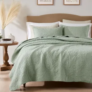PALASSIO Sage Green Paisley 100% Cotton Quilt King Size Bedding Sets with 2 Pillow Shams, Boho Floral Lightweight Farmhouse Country Vintage Soft Bedspread Shabby Chic Coverlet for All Season, 3 Pieces
