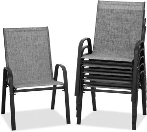 Patio Chairs Set of 6 - Outdoor Stackable Dining Chairs for All Weather - Breathable Textilene Outdoor Chair Sets with Curved Armrests - 300Lbs Capacity - for Lawn Backyard Garden (Grey)