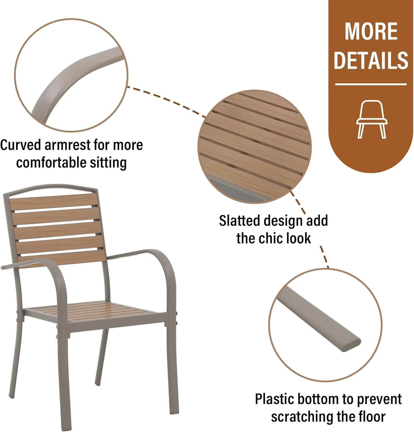 Patio Dining Chairs Set of 4,Outdoor Stackable Dining Chairs with Backrest & Armrest,Aluminum Frame Patio Furniture Chairs for Garden,Backyard,Lawn & Deck,Teak