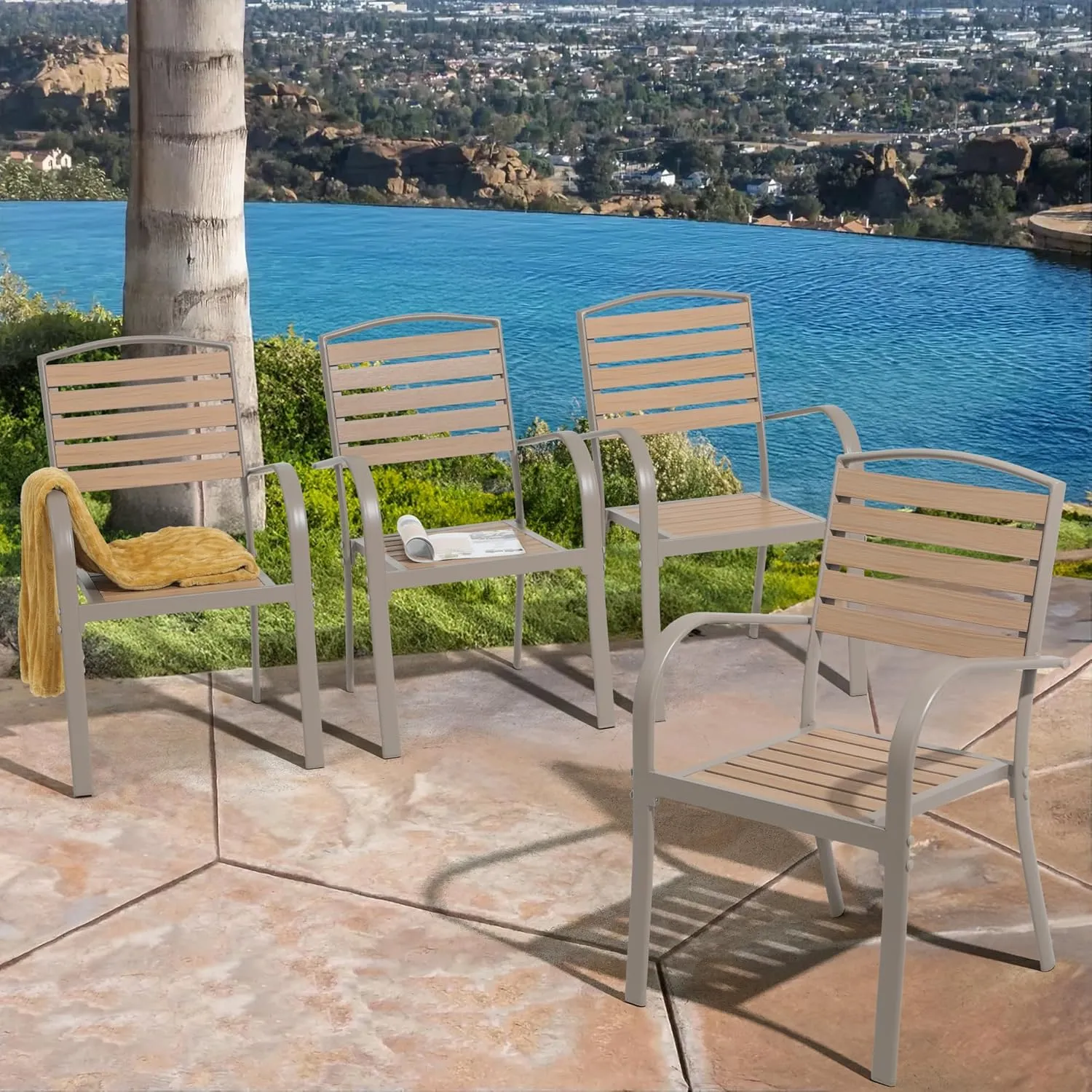 Patio Dining Chairs Set of 4,Outdoor Stackable Dining Chairs with Backrest & Armrest,Aluminum Frame Patio Furniture Chairs for Garden,Backyard,Lawn & Deck,Teak