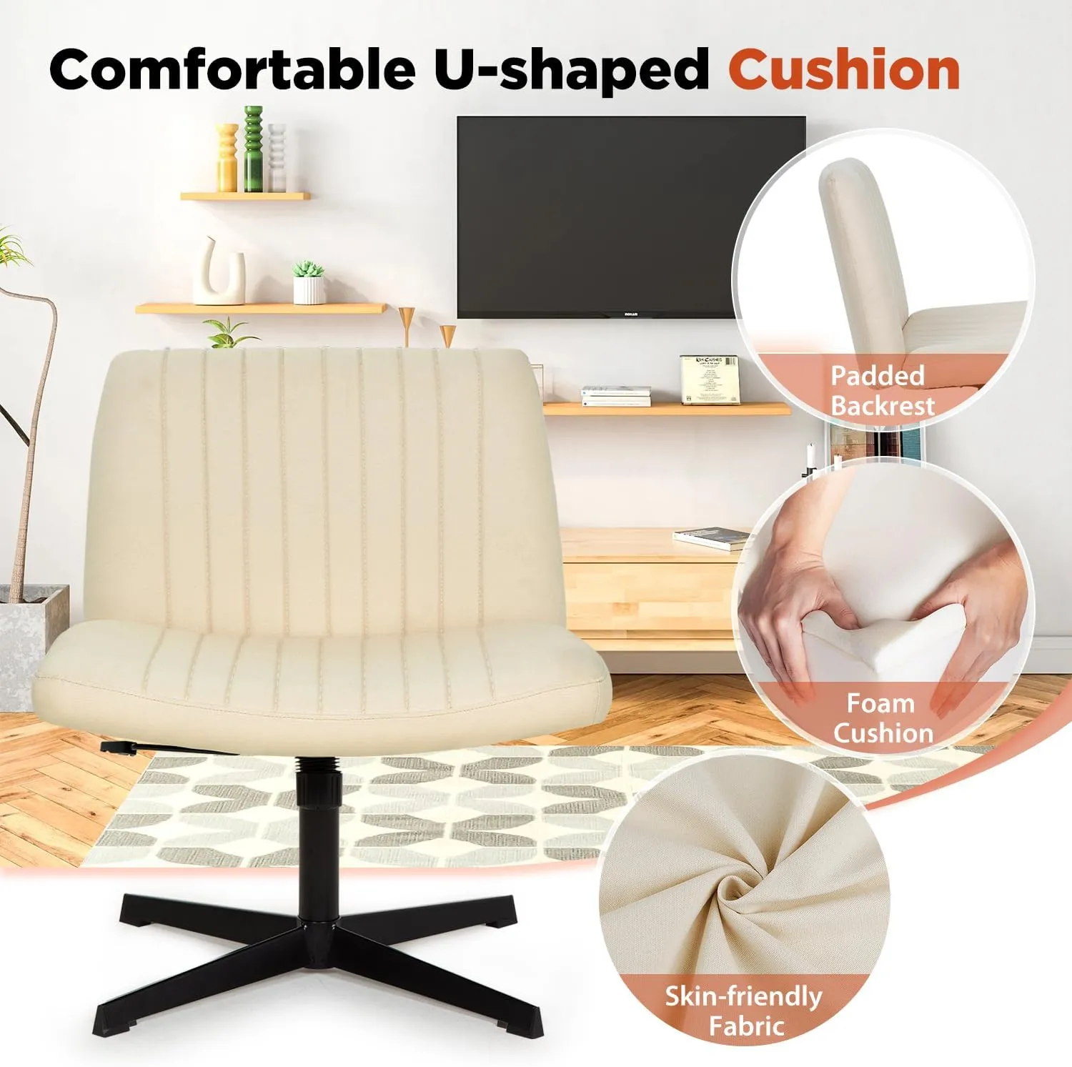 PayLessHere Criss Cross Chair,Armless Cross Legged Office Chair,Wide Comfty Desk Chair with No Wheels Modern Height Adjustable,Swivel Fabric Vanity Chair Computer Task Chair (Pack of 1, Beige)