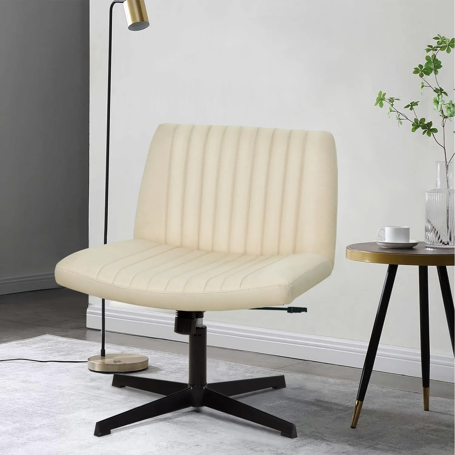 PayLessHere Criss Cross Chair,Armless Cross Legged Office Chair,Wide Comfty Desk Chair with No Wheels Modern Height Adjustable,Swivel Fabric Vanity Chair Computer Task Chair (Pack of 1, Beige)