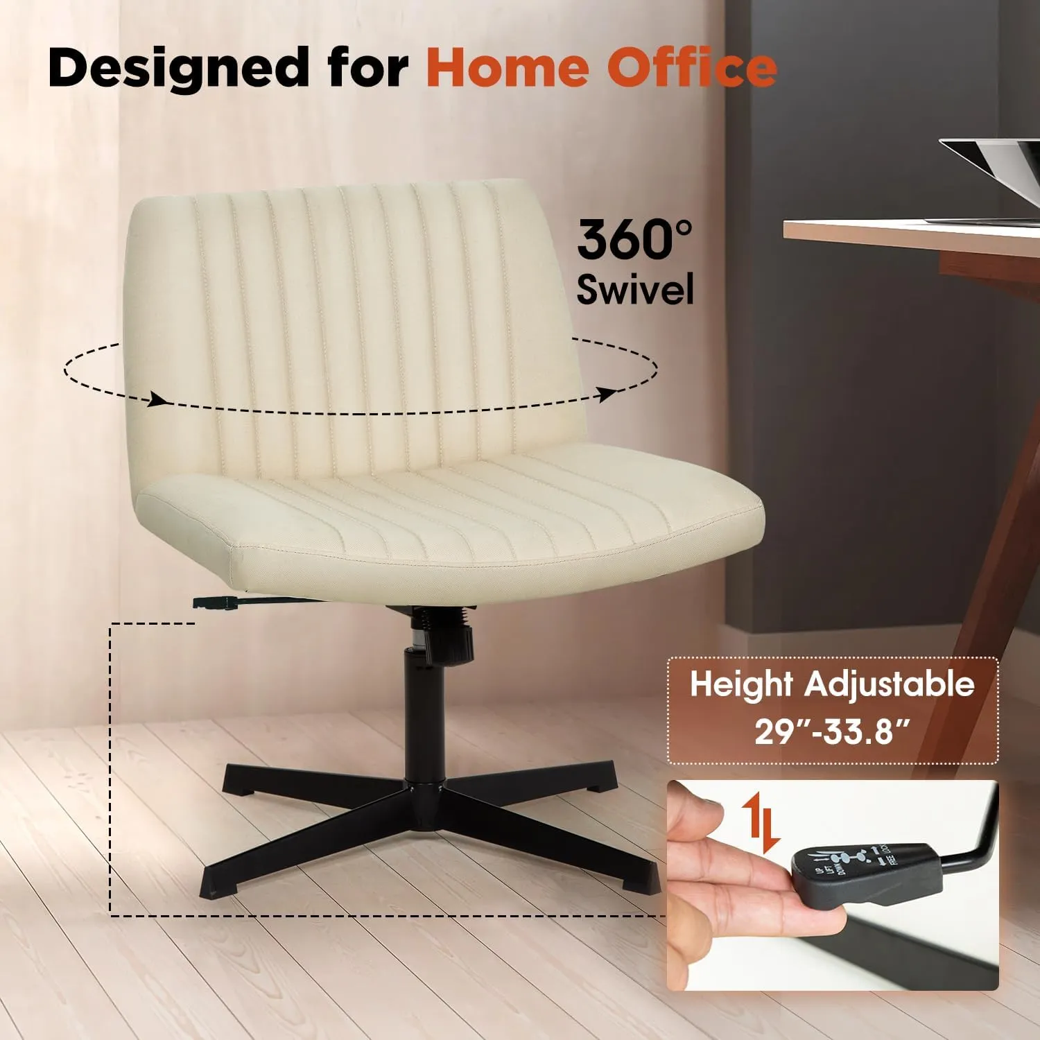 PayLessHere Criss Cross Chair,Armless Cross Legged Office Chair,Wide Comfty Desk Chair with No Wheels Modern Height Adjustable,Swivel Fabric Vanity Chair Computer Task Chair (Pack of 1, Beige)