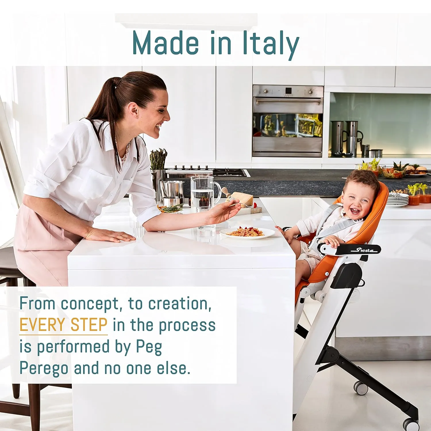 Peg Perego Siesta, Grow With Baby Folding High Chair & Recliner, Height Adjustable, Quick Clean & Easy Push Wheels For Babies & Toddlers, Made in Italy, Licorice (Black)