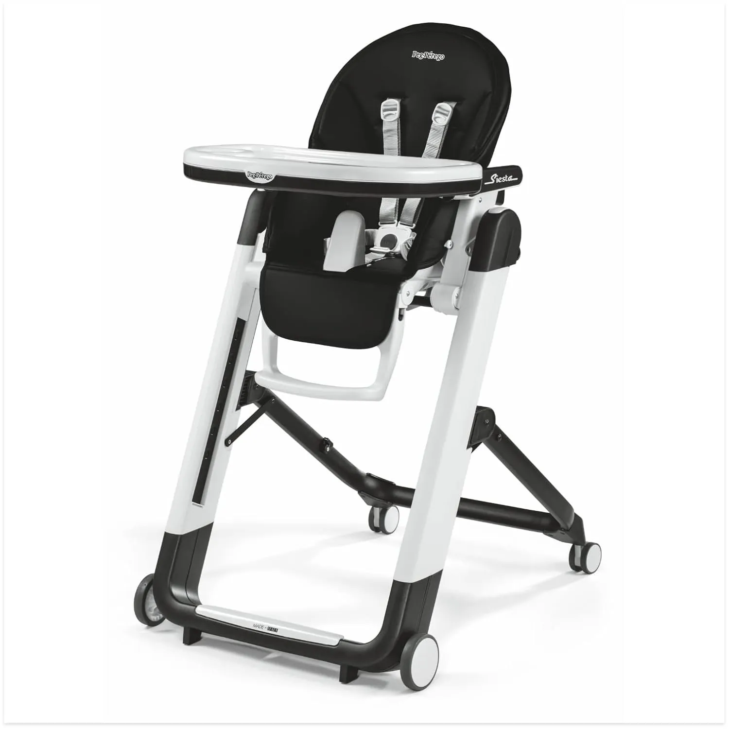 Peg Perego Siesta, Grow With Baby Folding High Chair & Recliner, Height Adjustable, Quick Clean & Easy Push Wheels For Babies & Toddlers, Made in Italy, Licorice (Black)