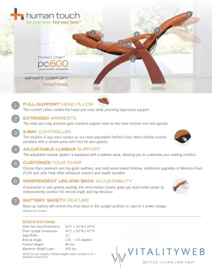 Perfect Chair Human Touch PC-600 Omni-Motion Silhouette Power Walnut Zero-Gravity Recliner   Memory Foam Plus Kit - Sand Top Grain Leather