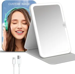 Personalize Rechargeable Travel Lighted Makeup Mirror with PU Leather Cover, 3 Color Lighting,Touch Sensor Dimmable, Cosmetic Mirror Custom Gift
